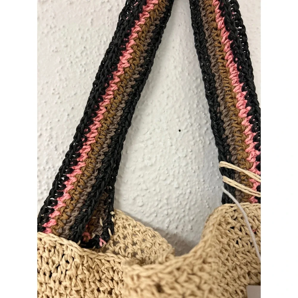 Haute Hippie Style Woven Straw Tote Bag Beige Tan Striped Straps Tassel NWT